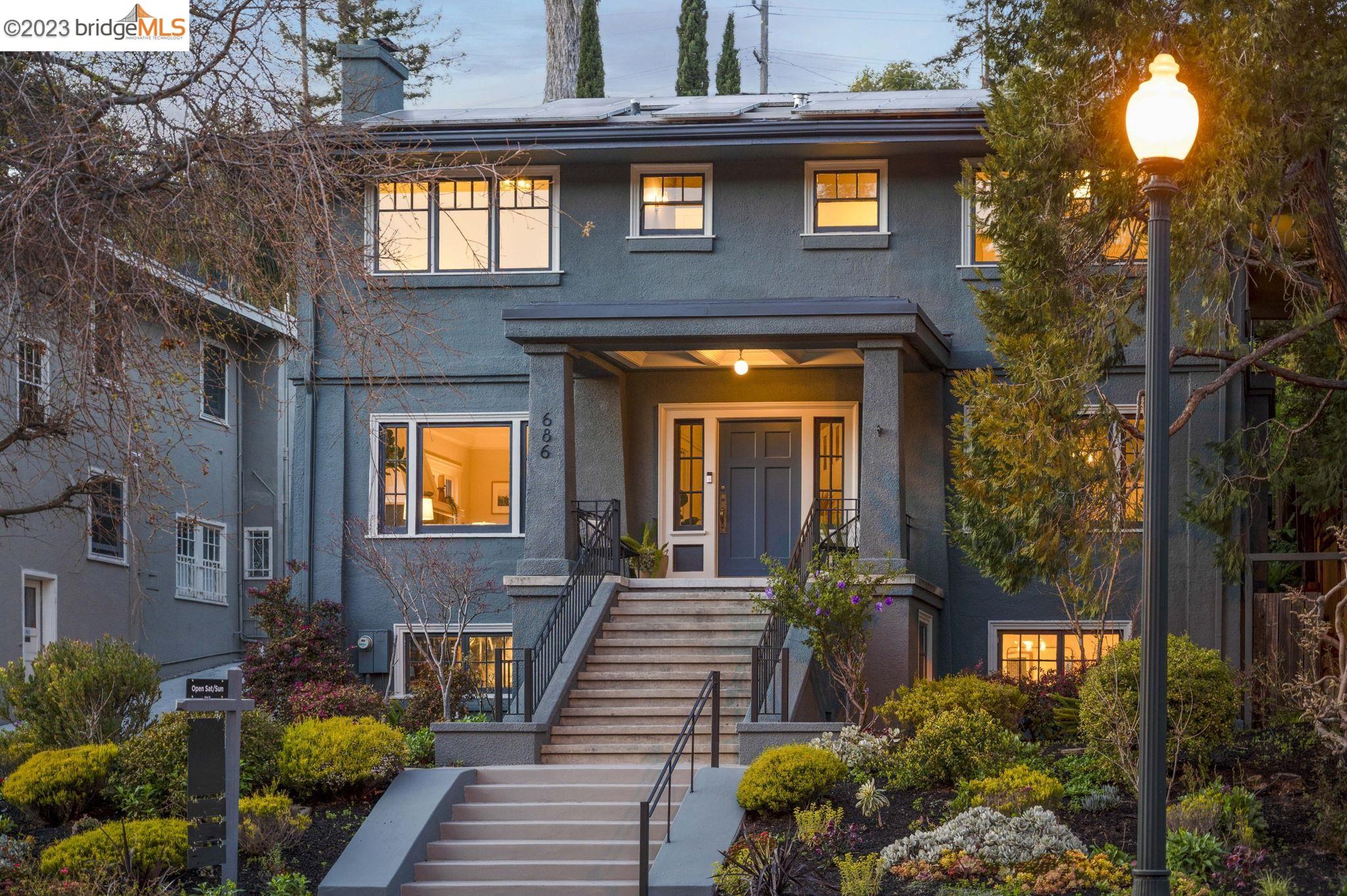 Stately Crocker Highlands Craftsman just minutes from Lakeshore Blvd & the award winning local elementary. Featuring a deep lot & gardens this home scores an 80 Walk score on WalkScore.com. Grand entry space, formal living room anchored by a handsome fireplace, spacious, light filled dining room w/built-ins, chef’s kitchen ideal for entertaining w/elevated ceilings, designer lighting, stainless appliances and wine fridge that’s guaranteed to delight. The den off the kitchen is perfect for relaxation & opens directly onto private rear patios & succulent garden perfect for evening soirees and play. Three bedrooms and an ADDITIONAL TWO LIGHT FILLED BONUS ROOMS are all located on the upper level as is the recently updated full bathroom. The lower level of the home includes a perfect flex/rumpus area with inset lighting, built-ins and surrounding windows as well as storage and laundry area. A charming detached garage is positioned at the rear of the lot that could act perfectly as a potential detached flex space. Property has solar system. Located just blocks from the best of Grand and Lakeshore shops and restaurants, Crocker Highlands Elementary, Beth Jacob Congregation, Lake Merritt and the Bay Bridge to San Francisco. Open this Sat & Sun 2-4:30pm!