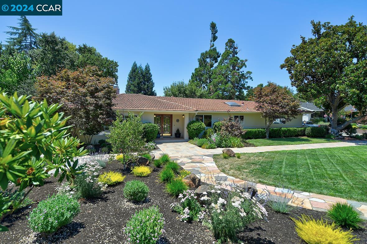 New Price! Nestled on a serene cul-de-sac in Westside Alamo, this custom-renovated single-story home is a true oasis. Spectacular front & back yards, designed by renowned landscape artist Nancy Campomanes, create an idyllic retreat. Backyard features a sparkling pool, putting green, mature trees, & blooming rose bushes, creating a paradise you’ll never want to leave. A Feather River front door leads to a spacious open-concept kitchen overlooking the outdoor patio & lush landscaping.  Enjoy two primary suites, offering versatile space; one is ideal for an artist’s studio or executive office. A third bedroom has a stone-surround fireplace & built-in bookcases. Features include a flat .6-acre lot adorned with beautiful plantings, a Mediterranean patio, a fenced backyard, trellises, & inviting sitting areas, a Sumbrella sunshade, bird bath, gurgling fountain, 2-car garage, parking pad & carport for 6+ cars. Easy access to HWYs 680 & 24, Iron Horse Trail, shopping & dining. Discover a sanctuary you’ll cherish!