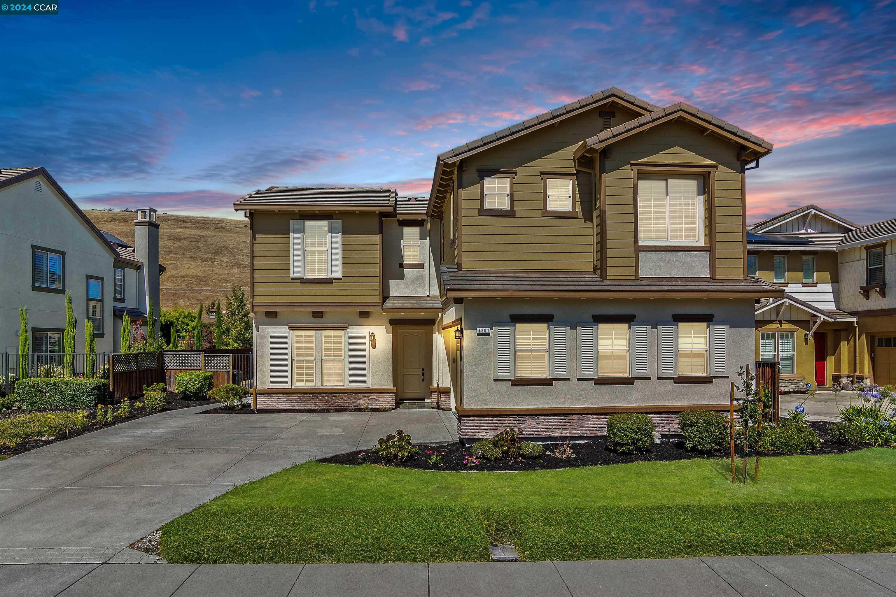 Turn-key Schaefer Ranch executive home on cul-de-sac. Ridge & west-facing views. One of largest models. 4184 +/-SF. 5 bds. 4.5 bths inclds 2 primary suites. Open flrplan, sizeable rms, fabulous loft ideal for multigen living. NEW  int/ext paint. Engineered hardwd. New carpet. High ceilings. Crown molding. Recessed lights. Plantation shutters. Wood blinds. Formal living rm w/wine cellar. Formal dining rm. Chef’s kitchen. Freshly painted cabinetry. Granite counters. Oversized island/brkfst br. Walk-in pantry. Appls. Stainless sink. Casual dining area. Family rm w gas frpl, carved mantel, built-ins. Main-level primary suite w/walk-in closet. En suite w/dual sink vanity, soaking tub, oversized shwr. Second primary suite on upper level w/2 walk-in closets, soaking tub, stall shwr. 1 bdrm w/en suite & walk-in closet. 2 bdrms w/large closets share bth w/dual-sink vanity, tub/shwr combo. Peaceful bkyd. Slate-tiled loggia. Open patio. Stacked stone hardscape. Wide side yd for sprts ct or play area. Lots of rm to customize w/ cabana or outdoor kitchen. 2-car garage. Overhead storage racks. Epoxy flr. Ring doorbell. Central AC. Security alarm. Laundry rm. LG w/d. Nearby trails, Schaefer Ranch Park. 3 mi to dwntwn Dublin. Easy Hiwy 580/680 access. Dublin/Castro Valley BART. Top-rated schls.