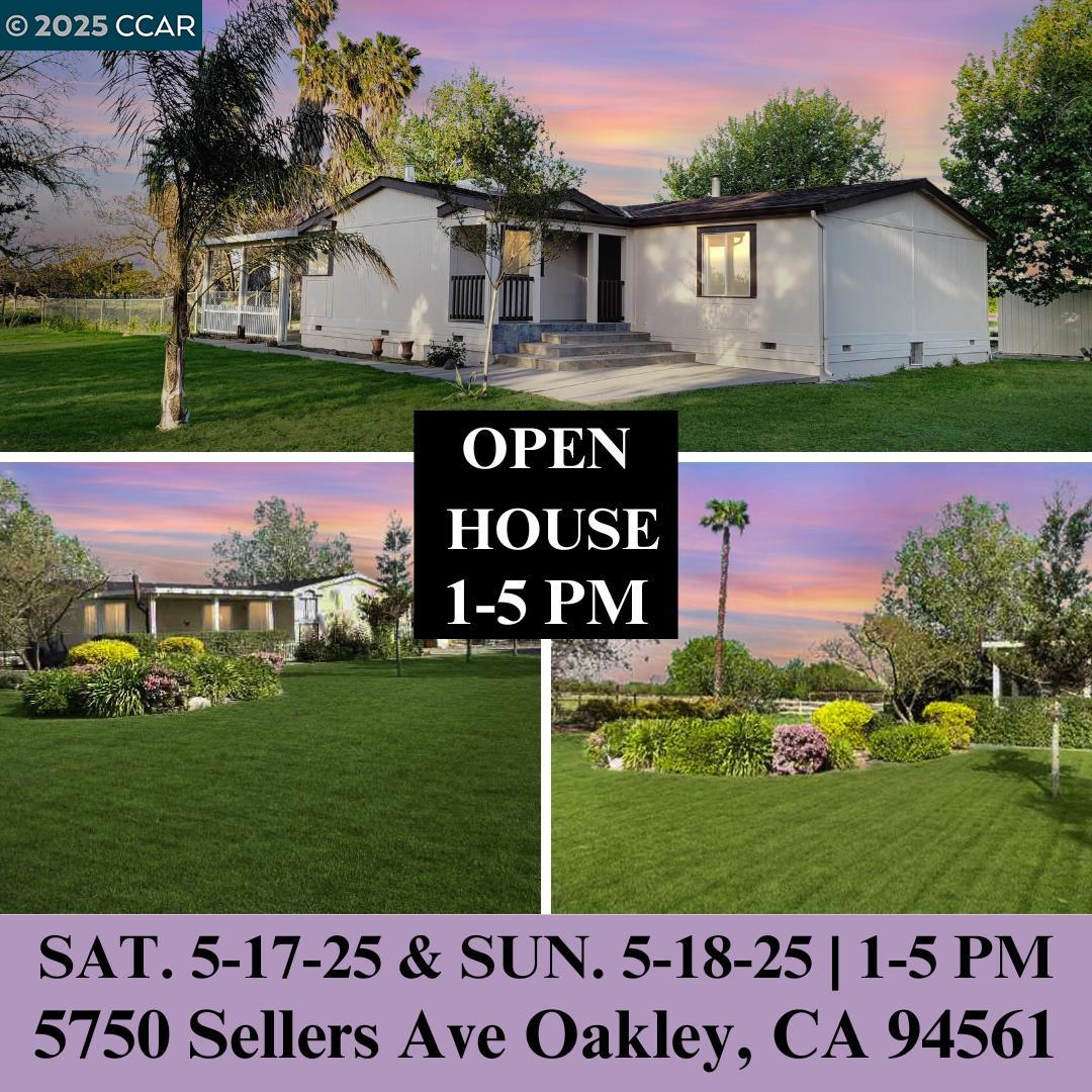 OPEN HOUSE SAT. 5-17-25 & SUN. 5-18-25 FROM 1PM TO 5PM -  5750 Sellers Ave Oakley, CA 94561 A beautiful newly remodeled house with many upgrades, located In one of the Prestigious area of Oakley- Make it your dream home and ranch setting come and see a true 5 acres of horse paradise! This beautiful home has 3 large bedrooms 2 baths and a large living area with tile and new laminate flooring, Light, Bright and open floor plan with French Country kitchen with breakfast bar & skylight, a huge barn stall structure, riding arena, RV parking, gorgeous and private! Saddle up & settle in! Bring all of your toys, horses & chickens coupe's are ready, barn could be ready for stallions & kennel for dogs. Mature trees & vegetation will provide beauty & shade in the summer. True enjoyment country living and yet few minutes to downtown city of Oakley. This property has no Mallow Roos, HOA or Assessments - This property is located very close to all of the new development of City Oakley - Great investment future - It is possible to convert the 2,500 2 story barn structure into the 2nd huge living area - It is great for raising horses, Goat, Lamb, Pigs, chicken for the organic Eggs and much - much more.