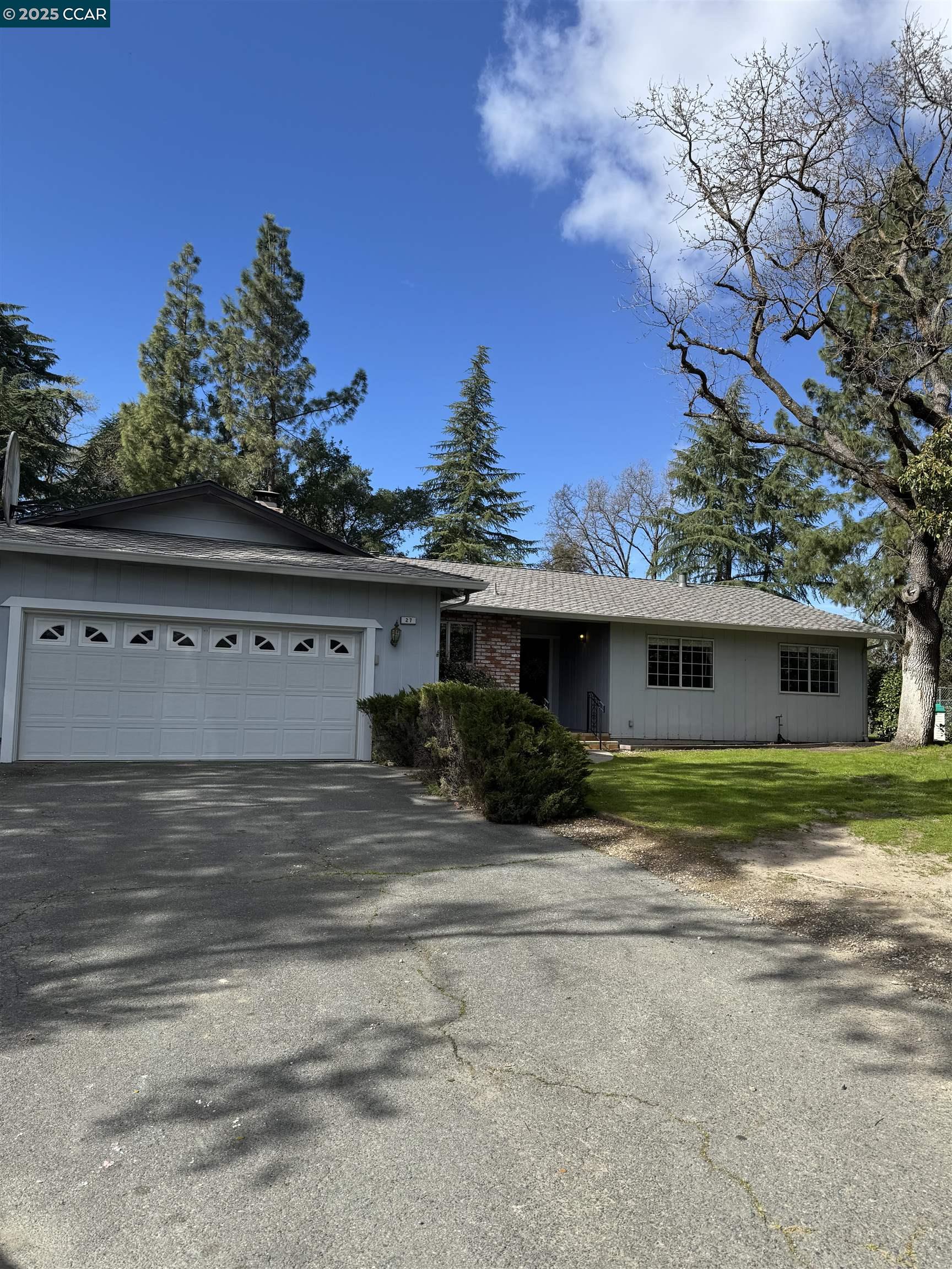 Single story, possible 5 bedroom. 4 Bedrooms & office with built-in desks & cabinets. Primary bdrm is 14'x 22', fireplace & view of in-ground pool & spa. Spacious primary bath, shower 6'x3.5' with glass block wall, double sinks, linen cabinets. 3 additional bdrms, hall bath with access to backyard. Large lot, .55 acre, steps down to lower level, place for an ADU? Newer roof installed 2023 .Large garage, room for gardens, side parking. Walnut Creek Schools.