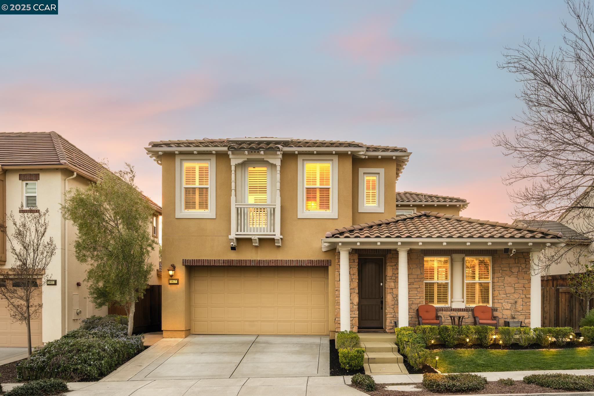 Welcome to this stunning East facing home in Alamo Creek with owned solar and custom light fixtures throughout. This floor plan showcases a sought after main level bedroom and full bath, perfect for generational living or overnight guests. This home also showcases a formal dining room with access to an enclosed courtyard for indoor/outdoor dining. The beautifully updated kitchen highlights an abundance of white cabinetry, granite countertops, built-in stainless steel appliances and a sunny breakfast nook opening to the spacious yet cozy family room. A built-in workspace is located off of the family room, making for a great home office/study space. Discover the primary bedroom suite with a spa-like bath featuring a walk-in closet, soaking tub, walk-in shower and dual sinks. The upper level is complete with a bonus loft, 2 secondary bedrooms and a shared hall bath. The low maintenance yard offers spacious patios and lush lawn. Within walking distance to Creekside Elementary, parks, community clubhouse and pool and just a short drive to the Blackhawk Plaza.