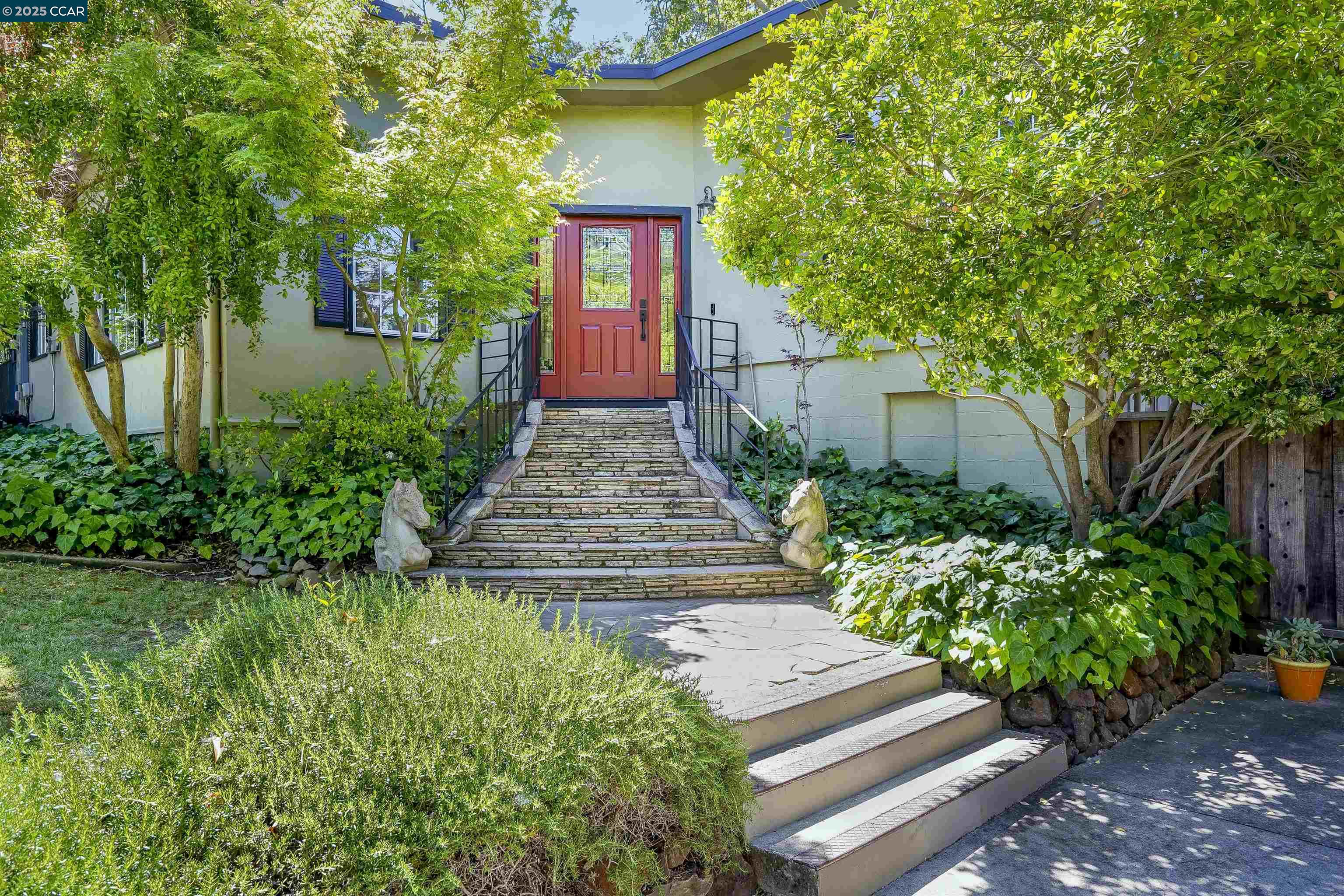 Welcome to 2489 Encinal Dr, a cozy and inviting home nestled on a spacious corner lot, offering both privacy and room to breathe. On the main floor, you will find open-beamed ceilings that enhance the style and charm of the home. The kitchen, equipped with ample storage and sleek stainless steel appliances, provides seamless access to the back patio – perfect for enjoying al fresco meals. Also on the main level, you will find three generously sized bedrooms. Descend to the lower level to discover a versatile space featuring a fourth bedroom and a bonus room. This flexible layout, complete with its own private entrance, offers an ideal separation for an au pair, visiting guests, or extended family.  Outside, the expansive yard is an entertainer's delight. Imagine hosting gatherings across multiple patios, surrounded by mature trees and shrubs, and a charming outdoor gazebo. Sunny days are best spent by the sparkling pool, enveloped in the tranquility of the mature landscaping. Conveniently located near downtown Walnut Creek, Walden Park, Acalanes Ridge, and Albert Park, as well as BART and the highway for streamlined commuting.