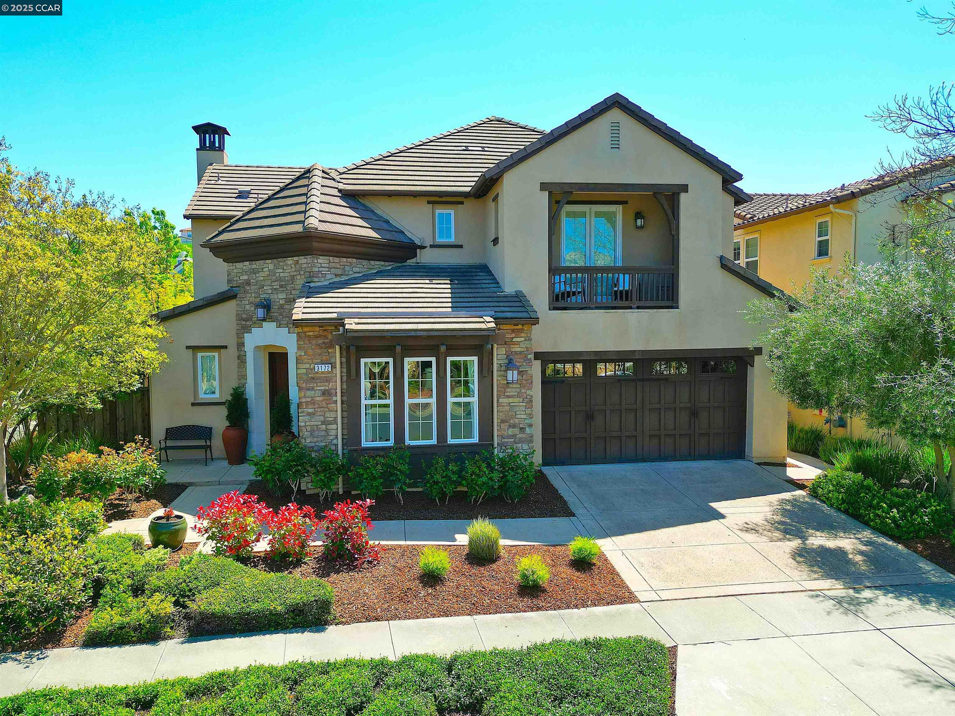 A stunning North Facing Alamo Creek home that has a European architectural design which features quality craftsmanship & sensational style throughout! This 5-bedroom Ponderosa built home is nearly 3,500 SF on a .15 Acre corner lot. 1BD & 1BA on the main level. The Gourmet Chef's kitchen has Granite slab counters, grand island w/peninsula, SS appliances w/48" 6 burner gas cooktop & grill, double oven, 42" refrigerator, pantry & dining area. The adjacent family room w/fireplace combine to create an amazing entertaining area. The inviting formal dining room features dramatic wine rack storage. The primary bedroom suite & full bathroom plus 3 additional bedrooms and full bathroom are upstairs. The backyard features a built-in BBQ & gas firepit. The Alamo Creek community features clubhouse, swimming pool, fitness center, park, playground & walking trails!