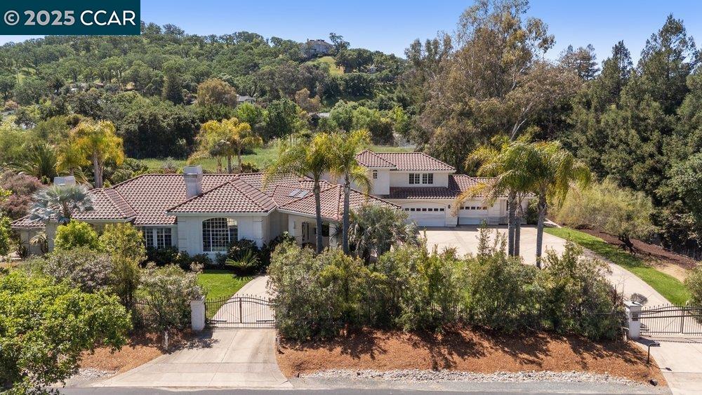 Experience elevated California country living in this custom, private one acre estate tucked along a bucolic road near the Mt Diablo foothills, only minutes to top rated schools, upscale shopping, and restaurants.  This spacious 4 BR, 3.5 BA residence offers grand living and entertaining spaces with soaring ceilings and views to serene gardens.  Highlights include a luxurious downstairs primary suite with sitting area, chef’s kitchen, walk-in pantry, office, upstairs library/game room, multiple fireplaces, and dedicated garage workshop.  Outdoors, enjoy a sparkling pool, covered loggia, and lush Mediterranean gardens filled with mature palms, drought-tolerant blooms, citrus, and heritage walnut trees.  The flat lot offers excellent potential for an ADU, expansion, or even horses. Listing agent is related to the seller.  For a full virtual tour and more details, please visit: https://www.195pinecreek.com/mls/184585851