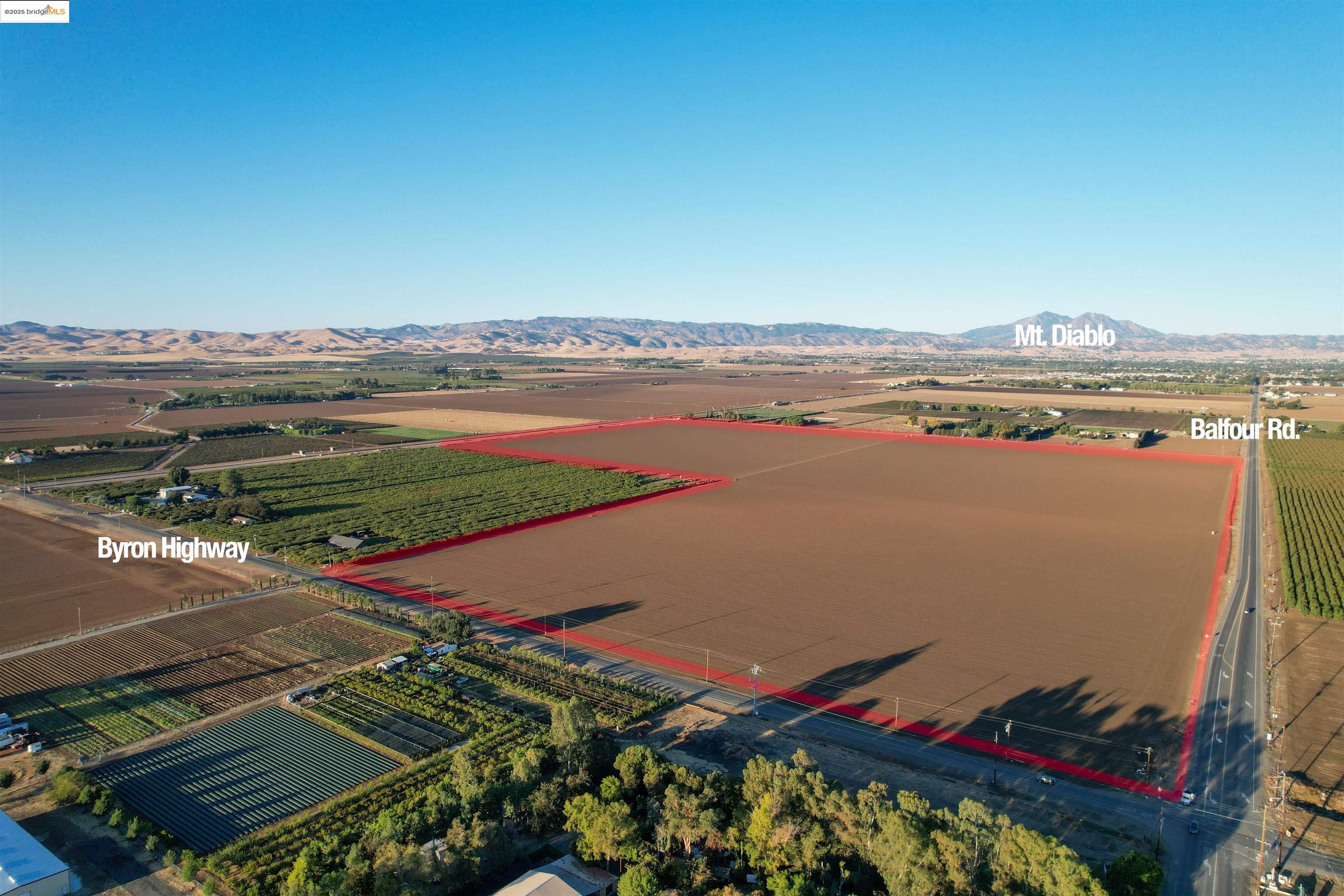 Excellent soil.  Ideal for future Almond or Cherries Orchard.  Currently row crop land.  Located within East Contra Costa Irrigation District (ECCID) for irrigation water with pre 1914 water rights.  The cost for water is approx. $45/acre foot plus standby charges of $12 per acre per year.  Frontage on Balfour Road and Byron Highway.  Very few large land parcels of this size in Brentwood Area.